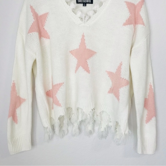Oversized Soft Knit Chewed Hem Pink Stars V Neck Sweater - Picture 5 of 9